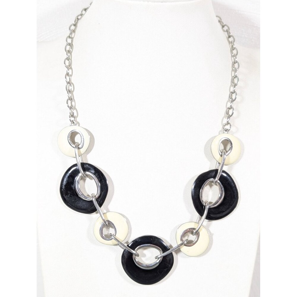 Premier Designs Black Cream Enamel Round‎ Geometric Statement Necklace 19"